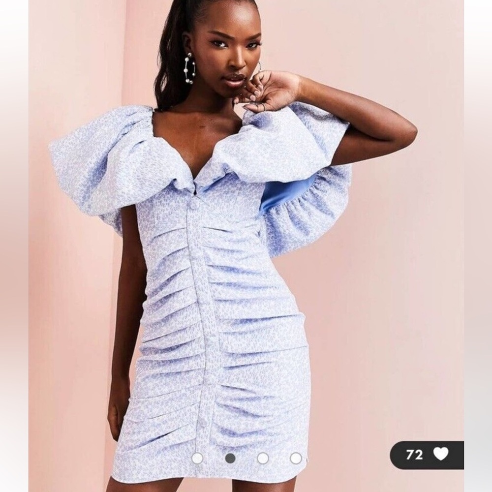 ASOS Luxe Bubble Bardot Jacquard Mini Dress Blue Ditsy Floral Women’s Size 4